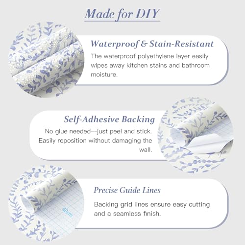 Heroad Peel and Stick Wallpaper Boho Blue Contact Paper Modern Botanical Wall Paper Waterproof Self Adhesive Removable Wallpaper for Bathroom Bedroom Kitchen Living Room Vinyl 17.3''x197'' - color: Blue Purple, size: 17.3" x 197"