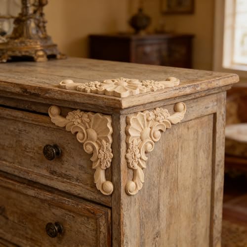 4PCS Unpainted Furniture Onlay Applique Frame Corner for Home, 9.5x9.5cm/3.74"x3.74", Unpainted Woodcarving Corner Decal Cabinet Door Wall Ceiling Dresser