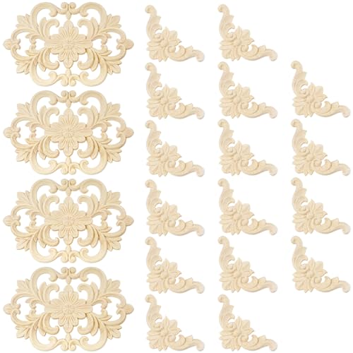 20Pcs Wood Carved Onlays, Unpainted Furniture Cabinet Door Decor Ornaments