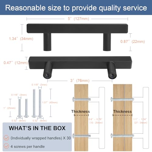 AEEKEL 30 Pack Matte Black Kitchen Cabinet Handles, 5" Length Drawer Pulls - color: Matte Black, size: 3 In Hole Center