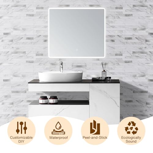 Peel and Stick Backsplash Tile Waterproof Removable PVC Wall Sticker 3D Faux Stone Marble Brick White Accent Panels (White Marble - Metal Silver, 20 Tiles - 9 sq. ft. (0.84 M²)) - color: White Marble - Metal Silver, size: 20 Tiles - 9 sq. ft. (0.84 M²)