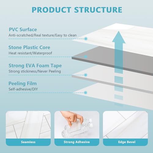 Vamos Tile 100-Piece Glossy Dolomite White Peel and Stick Backsplash Tile,3''x6'' PVC Subway Tile with White Grout, Stick on Backsplash for Kitchen/Bathroom/Fireplace - color: Dolomite White