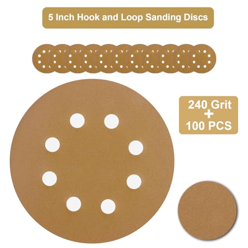 5-Inch Orbital Sander Discs, 8-Hole Pattern, 100-Pack, Hook and Loop Sandpaper for DA Sanders, Paint and Wood Finishing (220 Grit-100 PCS) - style: 220 Grit-100 PCS