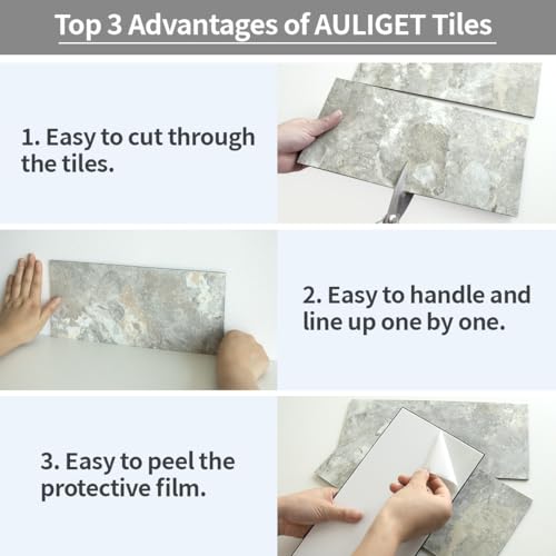 AULIGET 6" x 12" Peel and Stick Backsplash Wall Tiles, Grey & Beige Slate PVC Faux Stone Stick on Tiles for Backsplash Kitchen (Pack of 20) - color: Grey & Beige Slate, size: 20 Sheets, 6"x12"x0.12"