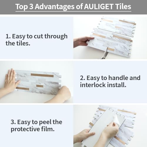 AULIGET 20 Sheets Faux Stone White Marble Peel and Stick Backsplash, PVC Mixed Metal Champagne Gold Wall Tile Stick on Backsplash for Kitchen and Bathroom - color: Marble White + Champagne Gold, size: 20 Sheets, 6"x12"x0.12"
