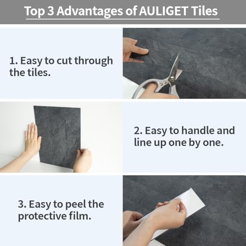 AULIGET 4-Piece Black Peel and Stick Backsplash Wall Tiles, 3" x 12" PVC Faux Slate Stick on Tiles - color: Black Slate, size: 4 Pieces, 3"x12"x0.12"
