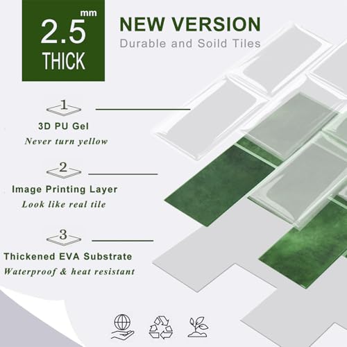 STICKGOO 10-Sheet Subway Tile Peel and Stick Backsplash, Self Adhesive Vinyl Wall Tiles, Stick on Backsplash for Kitchen and Bathroom(Thicker Design) - color: Green With Green Grout