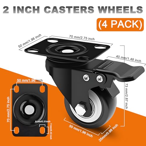 2 Inch Caster Wheel Set of 4,with Dual Brake,Swivel,Full Rotation - color: black, size: 2 inches