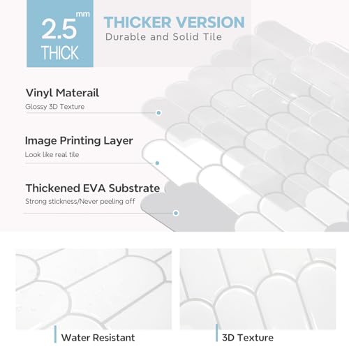 Vamos Tile Thicker Peel and Stick Backsplash Tile, White,10-Sheet - color: White with Grey Grout