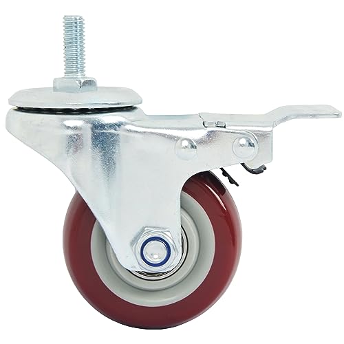 Finnhomy Swivel Caster Wheels 3 Inch Threaded Stem Casters Set of 4 Heavy Duty 3/8"-16 x 1 with Brake Polyurethane Industrial Locking Castors Wheels for Cart/Furniture 2200 Lbs Smooth Casters, Red - style: 3 inch