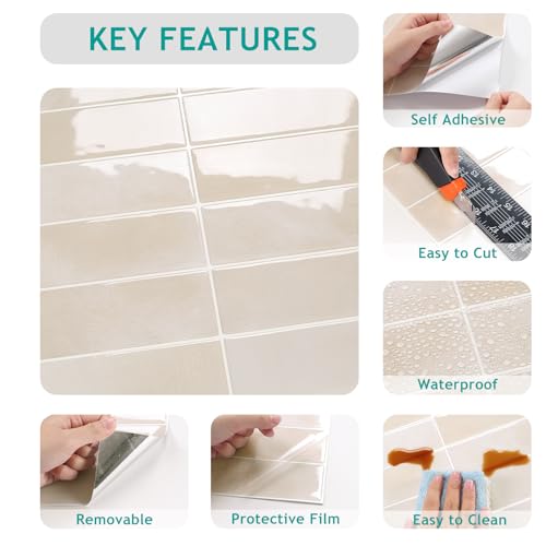 VEELIKE Beige Peel and Stick Backsplash Rectangular Subway Back Splash Stick on Tiles for Kitchen 6 Sheet 12''x12'' Self Adhesive Renter Friendly Backsplash Wall Tile Stickers for Bathroom Powder Room - size: Box of 6 Tiles