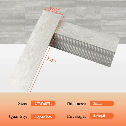 80-Piece Light Gray Stone Peel and Stick Backsplash Tile, 2"x 8" PVC Subway Tiles, Stick on Backsplash for Kitchen/Bathroom/Fireplace - color: Light Gray