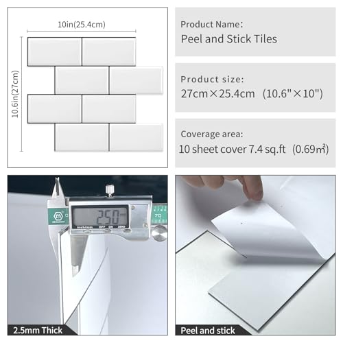 DEWOO Peel and Stick Tile Backsplash Subway for Kitchen Wall,White 10-Sheet - color: White