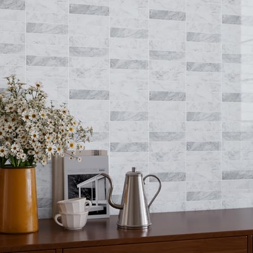 VaryPaper 20 Sheets Grey White Marble Look Backsplash Peel and Stick Subway Tile Self Adhesive Vinyl Tile Waterproof Removable Sticky Backsplash for Renters Back Splash Stick on Tiles for Kitchen - size: 20 Sheets