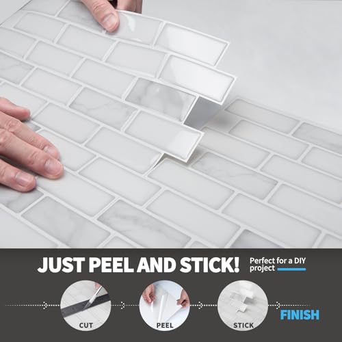 Art3d 10-Pack Peel and Stick Stone Backsplash Tile, 12" x 12", White Marble - color: White Marble