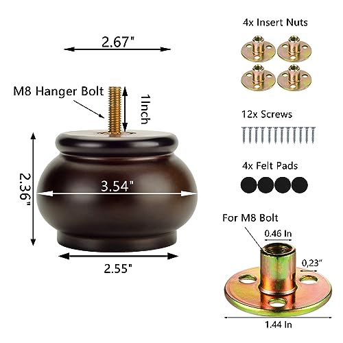 Maricome 2 Inch Round Furniture Feet Predrilled M8 Bolt Screw in Set of 4 Mid Century Replacement Bun Feet for Sofa Couch Ottoman (Height: 2.36 In/6CM) - color: 2 Inch Espresso