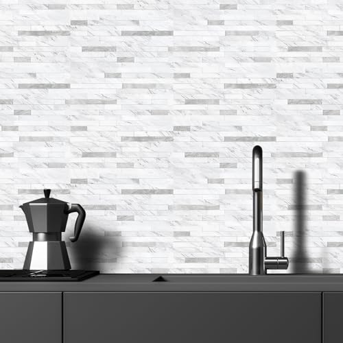 STICKGOO 20 Sheets Peel and Stick Backsplash Tile, Stick on Backsplash for Kitchen and Bathroom, White Marble Look PVC Mixed Metal Silver Self Adhesive Wall Tiles - color: White Marble + Metal Silver