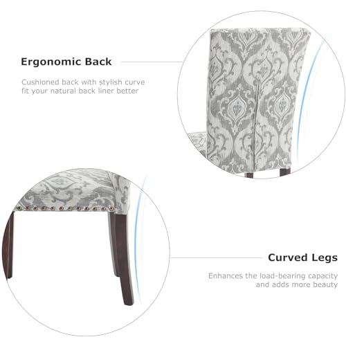 COLAMY Upholstered Parsons Dining Chairs Set of 6, Fabric Dining Room Kitchen Side Chair with Nailhead Trim and Wood Legs - Grey/White Flower - color: Grey/White Flower, size: Set of 6