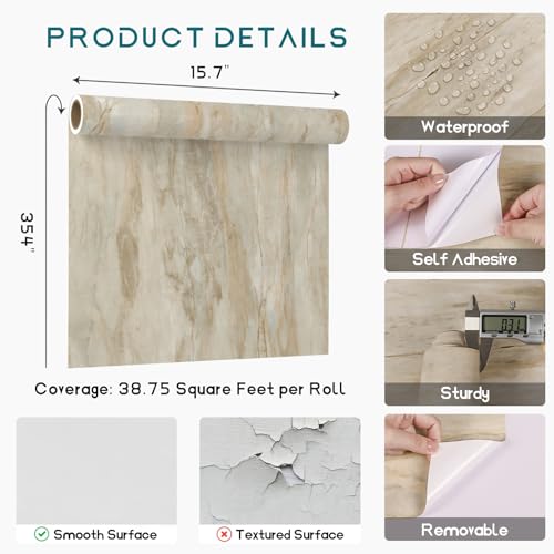 VEELIKE Slate Beige Marble Countertop Contact Paper Peel and Stick Countertops Waterproof Marble Contact Paper for Countertops 15.7''x354'' Removable Adhesive Marble Wallpaper for Kitchen Bathroom - size: 15.7" x 354"