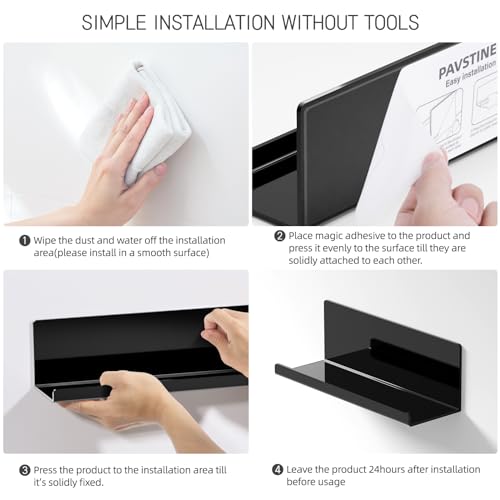 PAVSTINE Acrylic Floating Shelves for Wall No Drilling, Self Adhesive Space-Saving Shelves, 12 Inch Floating Shelf Stick on Wall Shelf, for Bathroom, Kitchen, Bedroom, Office, Gaming Room, Black - color: Black