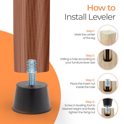 NEWBYTEK Adjustable 1/4" Rubber Threaded Furniture Levelers - 16 Pack | Screw-in Table Chair Feet Glides for Chairs, Tables, Cabinets, Patio Furniture - size: 1/4-20 Thread, 16 Pack