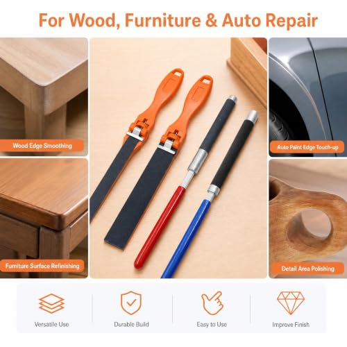 4PCS Sanding Block Set with Handle and Plastic Rod - Replaceable Flat File Sanding Sticks and Polishing Strips for Wood, Metal, Furniture, Cabinet, and Automotive Sanding Restoration