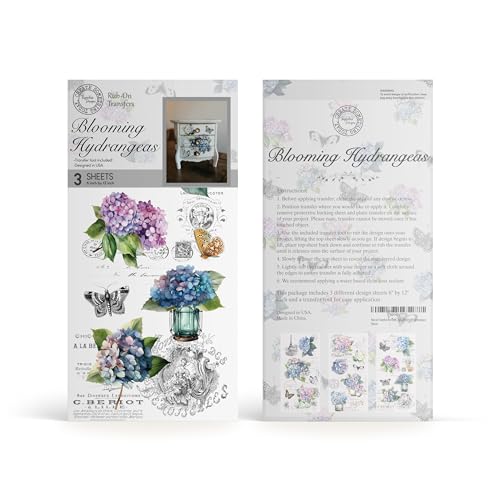 Rub on Transfers for Crafts and Furniture | 3 Design Sheets 6”x 12” | Home Decor Transfers | Furniture and Craft Decals | by Thymeless Designs (Blooming Hydrangeas) - style: Blooming Hydrangeas
