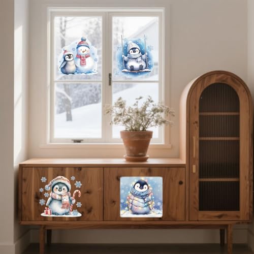 GLOBLELAND 4 Sheets Christmas Winter Penguins Furniture Transfers Stickers 6x12inch Snowman Rub on Transfer UV Self-Adhesive Stickers Wall Art Craft for Bedroom Living Room Table Decoration - style: Penguin
