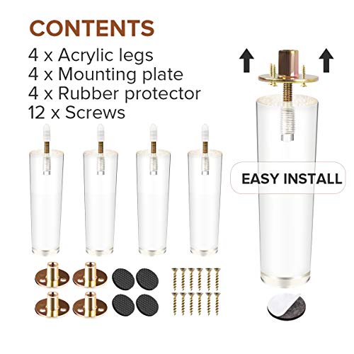 La Vane 6 inch Acrylic Tapered Furniture Legs with M8 Bolts & Plates,4PCS - size: 6"/15cm