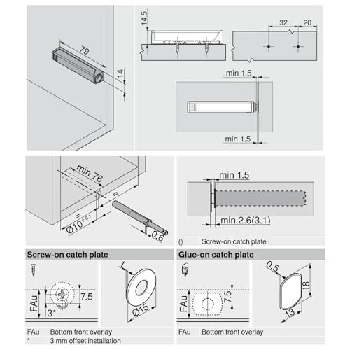 Blum Tip-On Long Version 956A1004 with Adapter Plate - Push to Open Cabinet Hardware - Silk White - Screw Mount Touch Latch Set