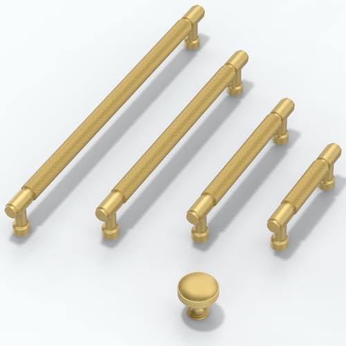 10 Pack Brushed Gold Knurled Cabinet Pulls 5 Inch(128mm) Kitchen Cabinet Handles Cabinet Hardware for Drawer Pulls - color: Brushed Gold, size: 5" Hole Center