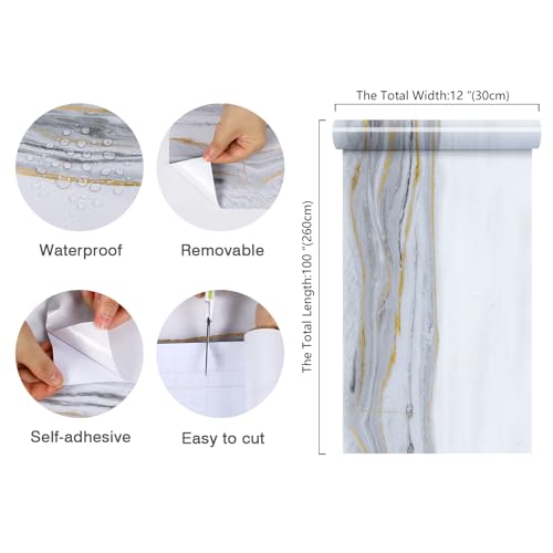 CHIHUT 12"x100" Marble Countertop Contact Paper Thick Waterproof White Marble Peel and Stick Wallpaper for Countertops Self Adhesive Removable Glossy Vinyl Film for Kitchen Cabinets Wall Covering - size: 12" x 100"