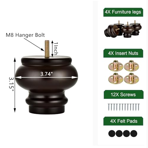 Michanco 3 Inch Mid Century Bun Feet for Furniture Set of 4 Chunky Replacement Wooden Legs for Sofa Couch Ottoman Chair Cabinet - color: 8cm Espresso