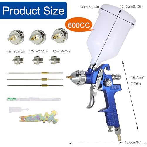 HVLP Spray Gun with Replaceable 1.4mm 1.7mm 2.0mm Nozzles Needle Cap Automotive Air Paint Sprayer Gun Kit with 600cc Capacity Cup for Car Primer,Furniture Surface Spraying,Wall Painting,Base Coatings