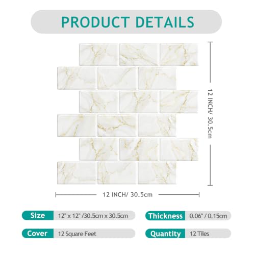 VEELIKE Peel and Stick Backsplash Tile White Gold Marble Subway Peel and Stick Tile for Kitchen Bathroom 12" x 12" Waterproof Renter Friendly Sticky Back Splash Wall Tiles - size: Box of 12 Tiles