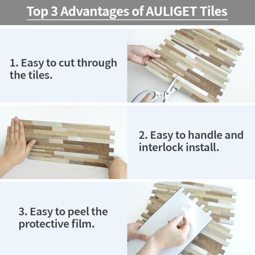 AULIGET 2 Sheets Beige & Brown Wood Peel and Stick Backsplash, PVC Mixed Metal Silver Wall Tile Stick on Backsplash for Kitchen and Bathroom - color: Beige & Brown Wood + Metal Silver, size: 2 Sheets, 6"x12"x0.12"