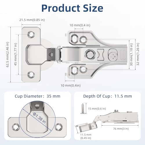 Chibery 20 Pack 3/4" Full Overlay Soft Close Concealed Hinge for Face Frame & Frameless Door, 3D Adjustment, Clip-on Plate, Slow Self Closing Hidden Satin Nickel, 105° Stainless Steel Hinges, 5/8" - size: Full Overlay