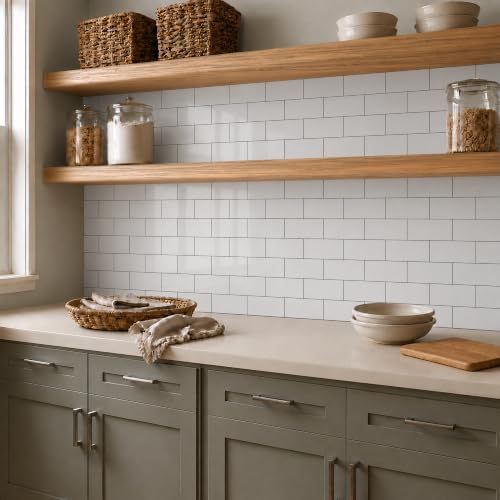StyloVue 100 Pieces Peel and Stick Backsplash for Kitchen, 3" x 6" PVC Subway Tile, Glossy White with Dark Gray Grout, Self Adhesive Stick on Wall Tiles for Kitchen, Bathroom, Fireplace, RV - color: Glossy White