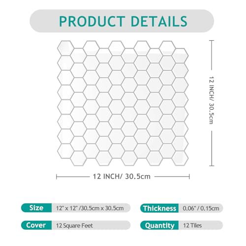 VEELIKE 12-Sheet White Hexagon Tile Peel and Stick Backsplash for Kitchen Backsplash Tiles Peel and Stick Waterproof Self Adhesive Back Splashes Stick on Tiles for Kitchen Bathroom Removable 12''x12'' - size: Box of 12 Tiles