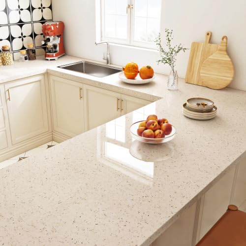 FunStick 24"x200" Glossy Beige Granite Countertop Contact Paper Beige Terrazzo Wallpaper Peel and Stick Countertops Waterproof Self Adhesive Granite Wallpaper for Kitchen Bathroom Counter Top Covers - color: Beige, size: 24" x 200"