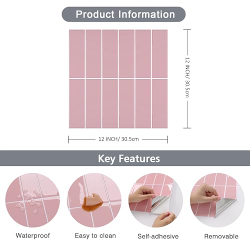 CHIHUT 6 Sheets Pink Glossy Peel and Stick Subway Backsplash Tiles 12"x12" - color: Solid Pink, size: 6 Tiles