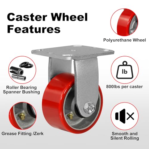 Caster Wheels Heavy Duty, 4'' Industrial Casters with Load 3200lbs Capacity, Polyurethane Swivel Casters Set of 4 (2 Brakes & Rigid) - style: 4'' Wheel