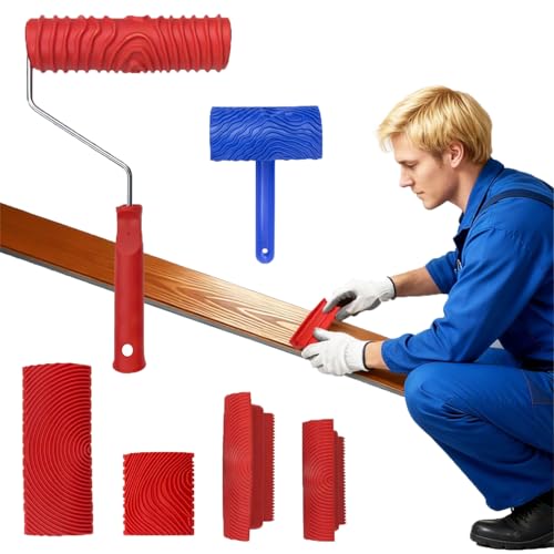 6pcs Wood Grain Tool Set - 7 Inch Rubber Paint Rollers for Realistic Wood Texture | DIY Faux Wood Look on Desk/Door/Floors | Durable & Washable Graining Tools