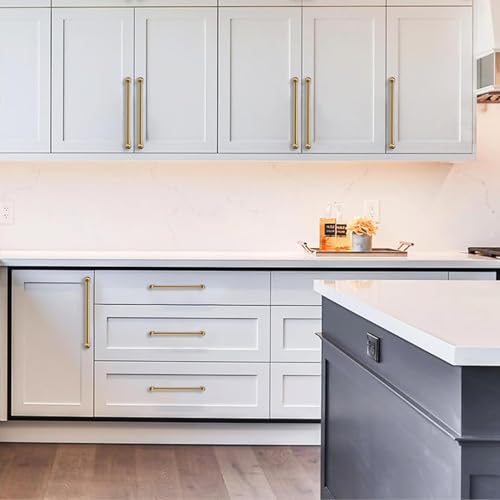 10 Pack 5 Inch Solid Kitchen Cabinet Handles Brushed Brass Heavy Duty Cabinet Pulls Satin Brass Drawer Pulls Cabinet Hardware Kitchen Handles for Cabinets Cupboard Handles - color: Brushed Brass, size: 5 Inch hole center