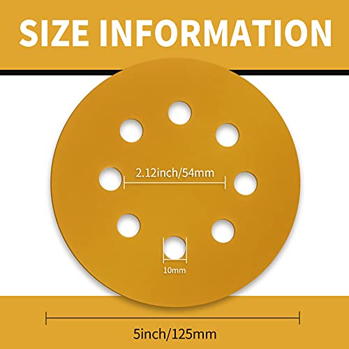100 Pcs 5 Inch Sanding Discs Hook and Loop, 8 Hole Gold Premium 600 Grit Dustless Random Orbit Sandpaper for Woodworking or Automotive - style: 600 Grit-100 Discs
