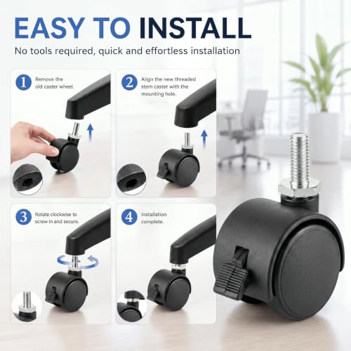 BBTO 8 Pcs 2 Inch M6 Swivel Stem Casters Wheels Replacement, M6 Threaded Stem Caster with Brake, Heavy Duty 360° Standing Desk Wheels, No Noise, Black Nylon, for Cart Furniture Table Cabinet Shelf - size: 2 Inch X M6 x 15 mm, style: Threaded, with Brake