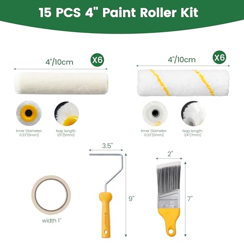 Voomey 4-Inch Mini Paint Roller Set – Microfiber & Mohair Rollers, 2-Inch Angle Brush, 4-Inch Roller Frame for Cabinets, Furniture, Baseboards & Trim - size: 4inch 15pcs