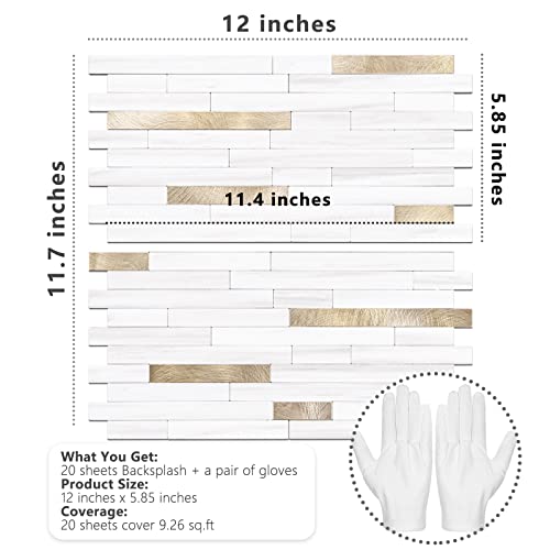 STICKGOO 20 Sheets Peel and Stick Backsplash Tile, Stick on Backsplash for Kitchen and Bathroom, Dolomite White Marble Look PVC Mixed Metal Gold Self Adhesive Wall Tiles - color: Dolomite White + Metal Gold