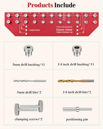TANYO 11-Hole Shelf Pin Jig, 1/4" & 5mm Drill Bits, Cabinet Hardware - color: Scarlet, size: 11 Hole