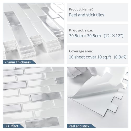 Peel and Stick Backsplash 3D Self Adhesive Wall Tile Grey 10 Sheet - color: Grey and White